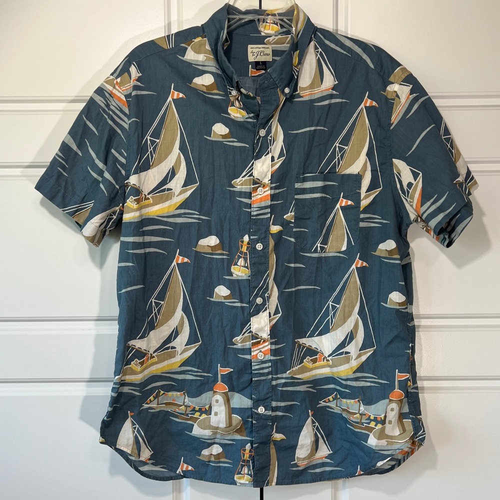 J. Crew Mens Sailboat‎ Print Short Sleeve Button Down Shirt Blue Size L Nautical